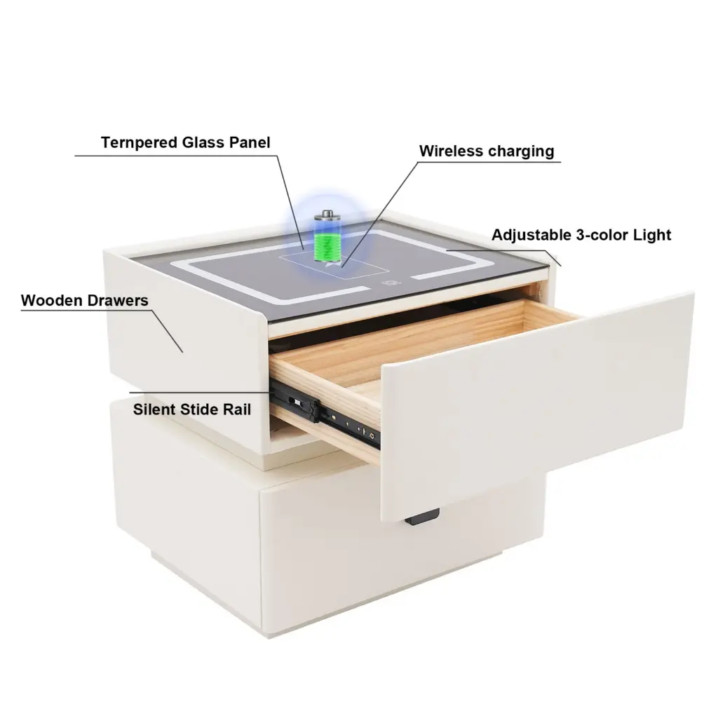 Smart Bedside Table with Light,Smart lock, Phone Charging station Modern Bedroom Furniture Drawers.1.webp