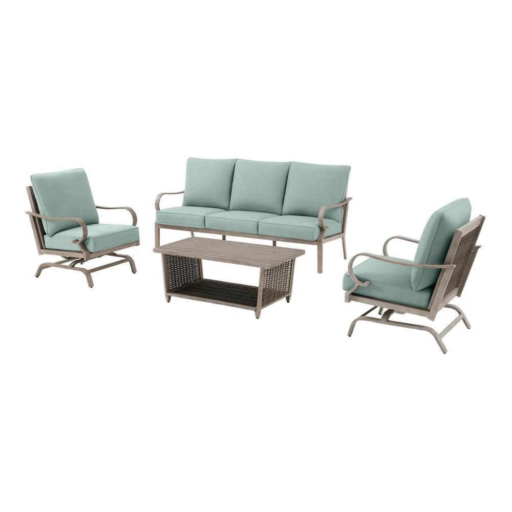 5-Seater Outdoor Sofa Set – Mint Green Cushions & Swivel Rocking Lounge Chairs