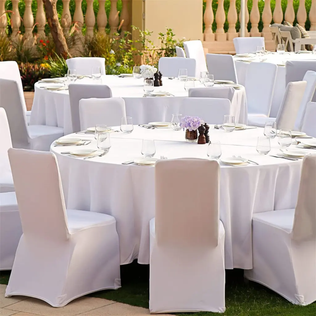 Banquet Chair Stretch Covers- White and beige.3.webp