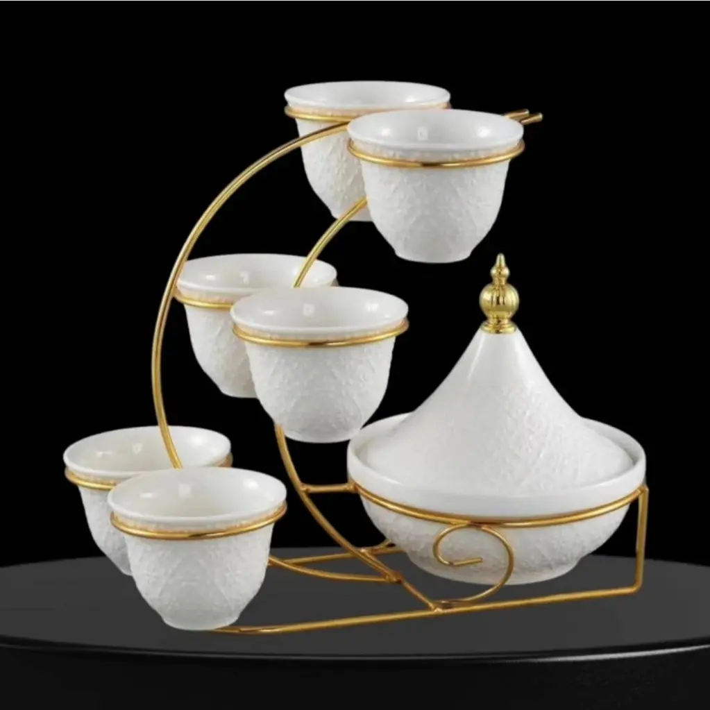 Arabian coffee cup set with a tamria (date bowl) and stand.webp