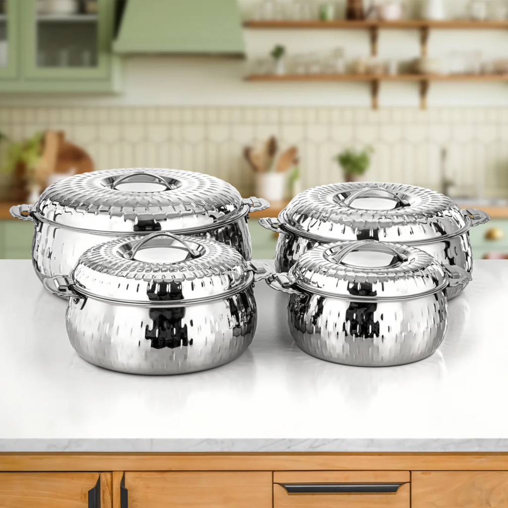 Premium 4-Piece Double-Lock Stainless Steel Hot Pot Set – Silver