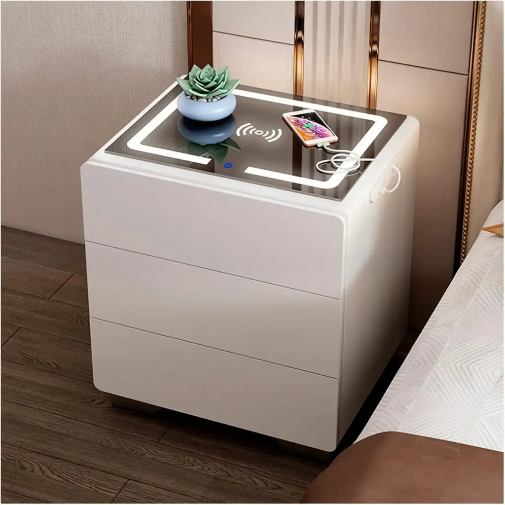 Premium White Smart Bedside Table (55cm) – Integrated Bluetooth Speaker, 3 Drawers & Wireless Charging