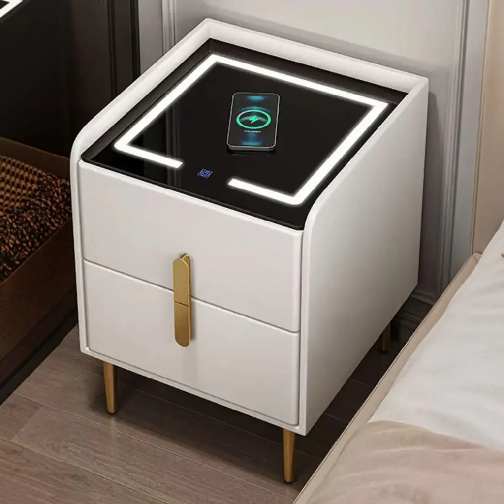 Modern White Smart Bedside Table – Wireless Charging & 3-Color LED Lighting
