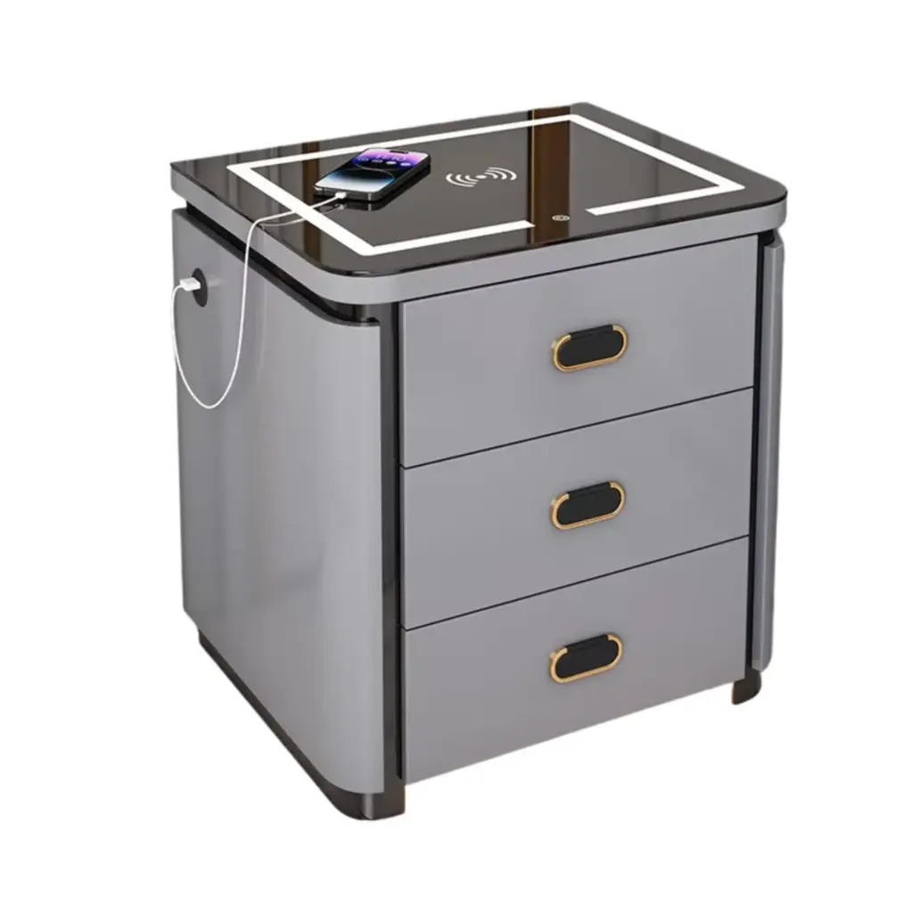 Modern Ash Smart Bedside Table – Wireless Charging, 3-Color LED & Digital Lock