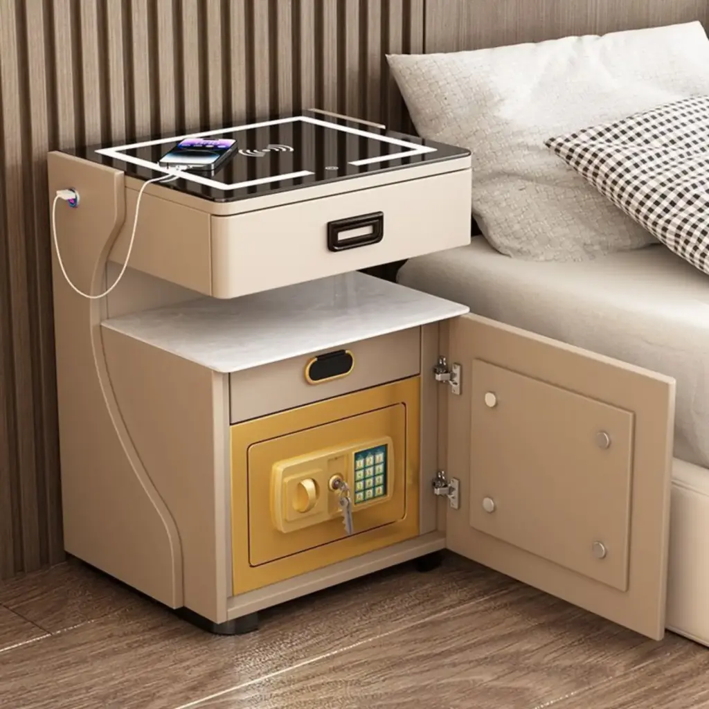 Modern Off-White Smart Bedside Table (55cm) – 3 Drawers, Digital Security Lock & Wireless Charging