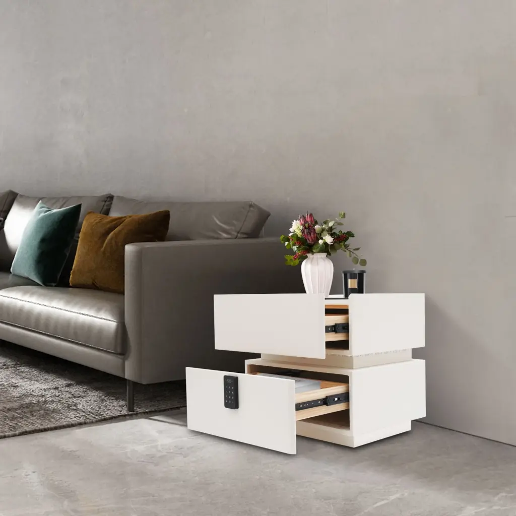 Premium White Smart Bedside Table (50cm) – Smart Lock, Wireless Charging & LED