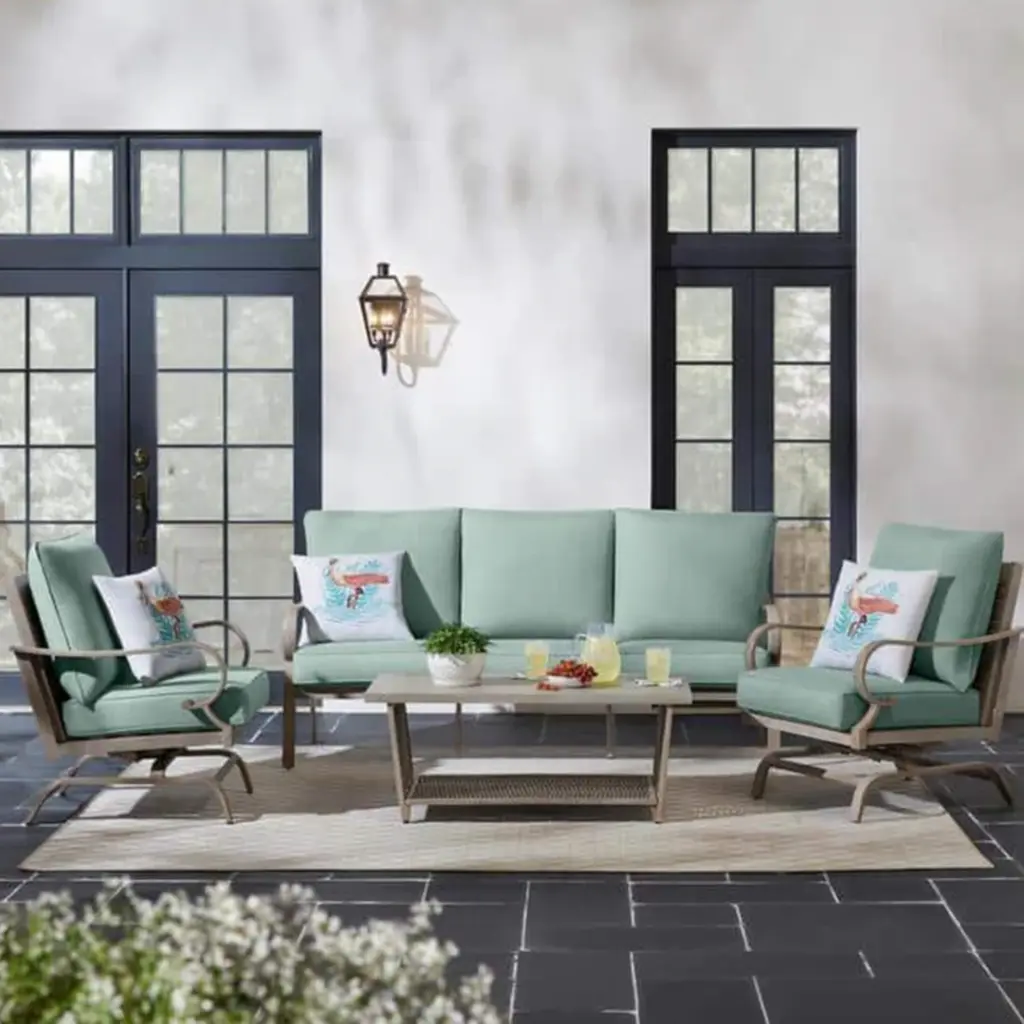 5-Seater Outdoor Sofa Set – Mint Green Cushions & Swivel Rocking Lounge Chairs