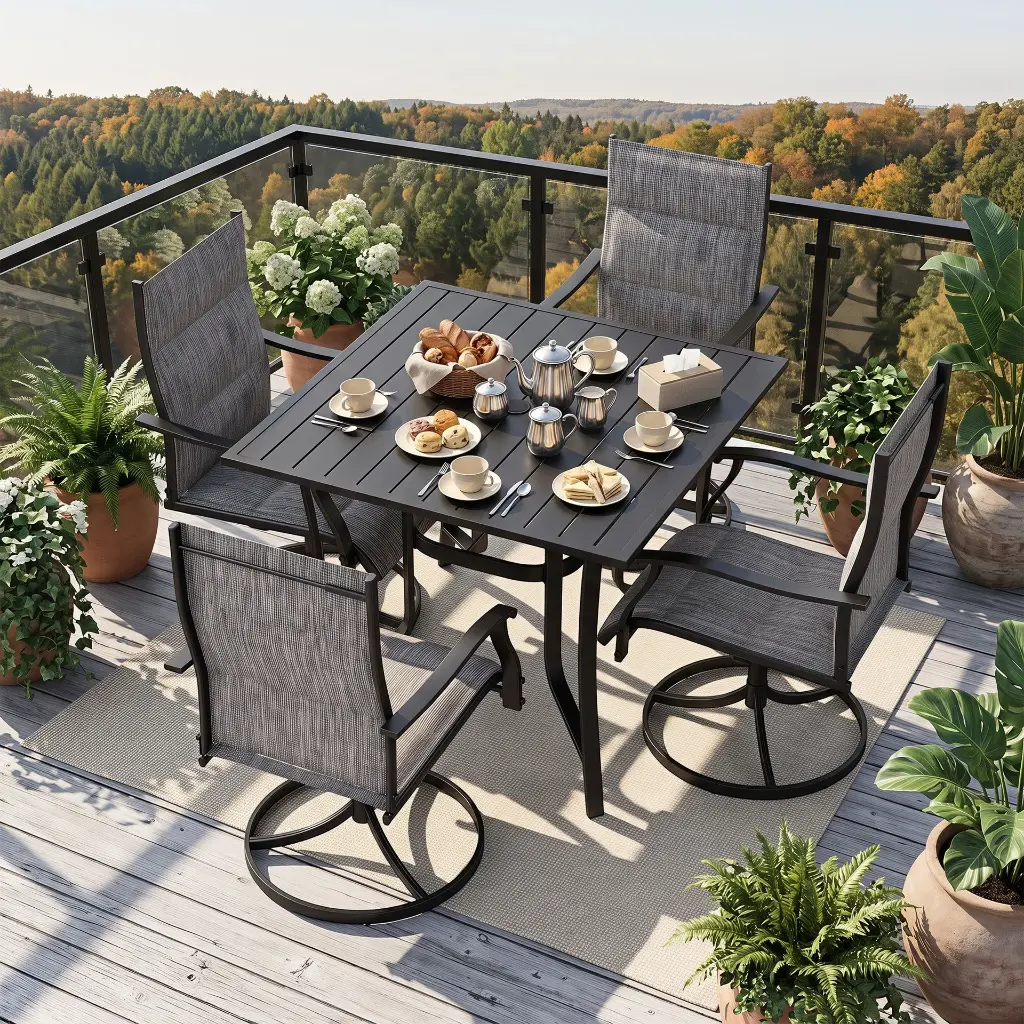 Premium 5-Piece Outdoor Swivel Dining Set – Square Metal Table with 4 Swivel Armchairs