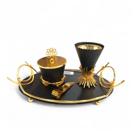 [6954250123344] Modern Luxury Incense Burner Set – Matte Black & Gold with Decorative Tray