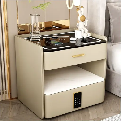 [6920254762131] Premium Off-White Smart Bedside Table (50cm) – Digital Security Lock & Wireless Charging