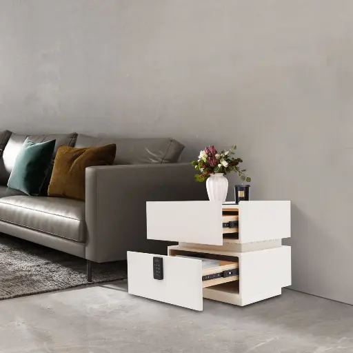 [6920254762162] Premium White Smart Bedside Table (50cm) – Smart Lock, Wireless Charging & LED