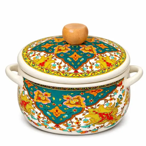 [6933654480222] قدر طهي مزخرف بالمينا بقطر ٢٢ سم مع غطاء - قدر مطبخ بنقوش زهرية ومقابض خشبية