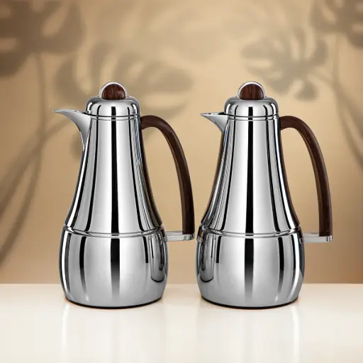 [6975867579157] ALMARJAN VACUUM FLASK SET 1L + 1L SILVER & DARK WOOD  FG825AB-100 C/DW