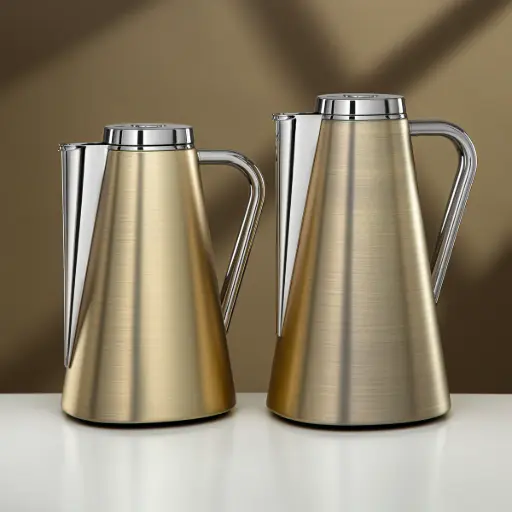 [6934635449726] ALMARJAN VACUUM FLASK SET 0.7L + 1L BRUSHED GOLD & SILVER