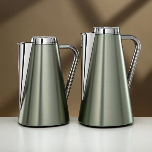 [6934635449689] ALMARJAN VACUUM FLASK SET 0.7L + 1L BRUSHED GREEN & SILVER